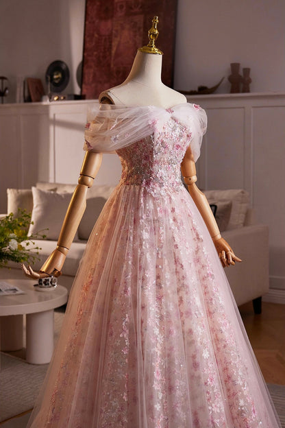 Beautiful Pink Beading Appliques Prom Dress, A-Line Off the Shoulder Evening Dress