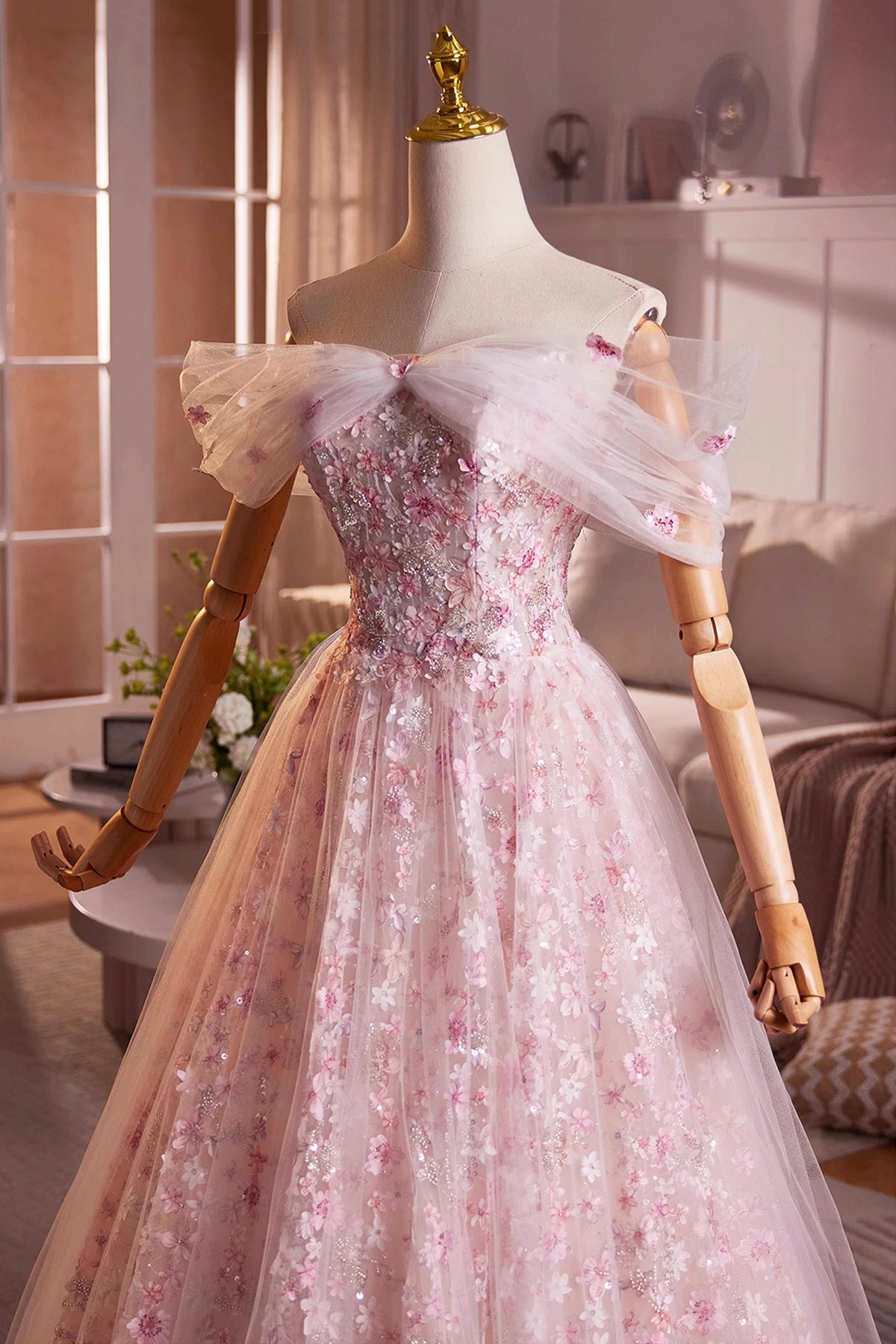 Beautiful Pink Beading Appliques Prom Dress, A-Line Off the Shoulder Evening Dress
