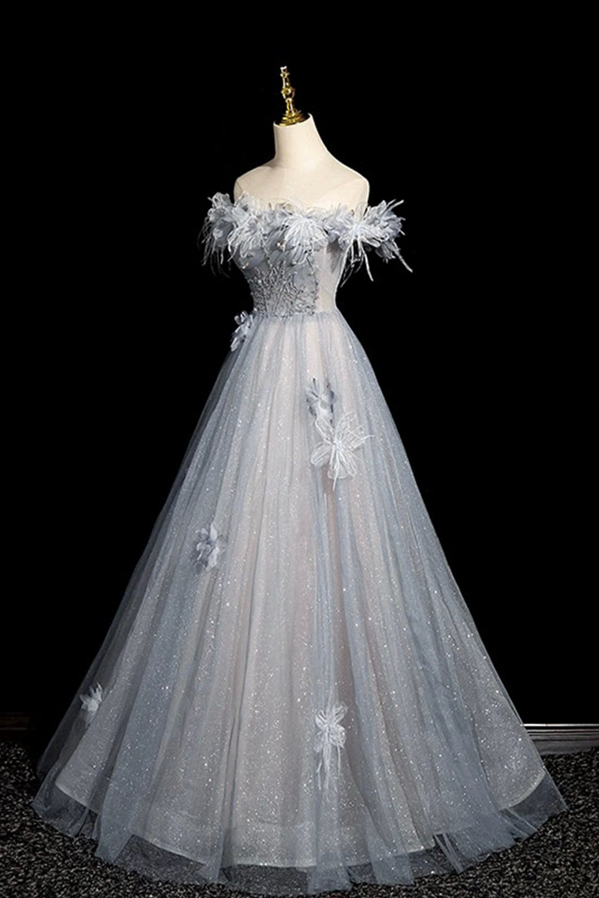 Gray Blue Tulle Beads Long Prom Dress, Off the Shoulder Party Dress