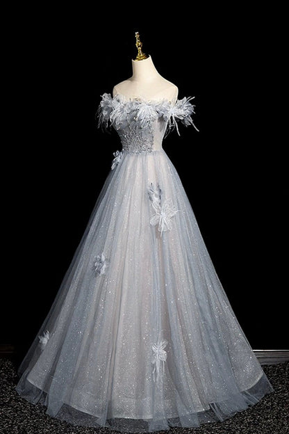 Gray Blue Tulle Beads Long Prom Dress, Off the Shoulder Party Dress