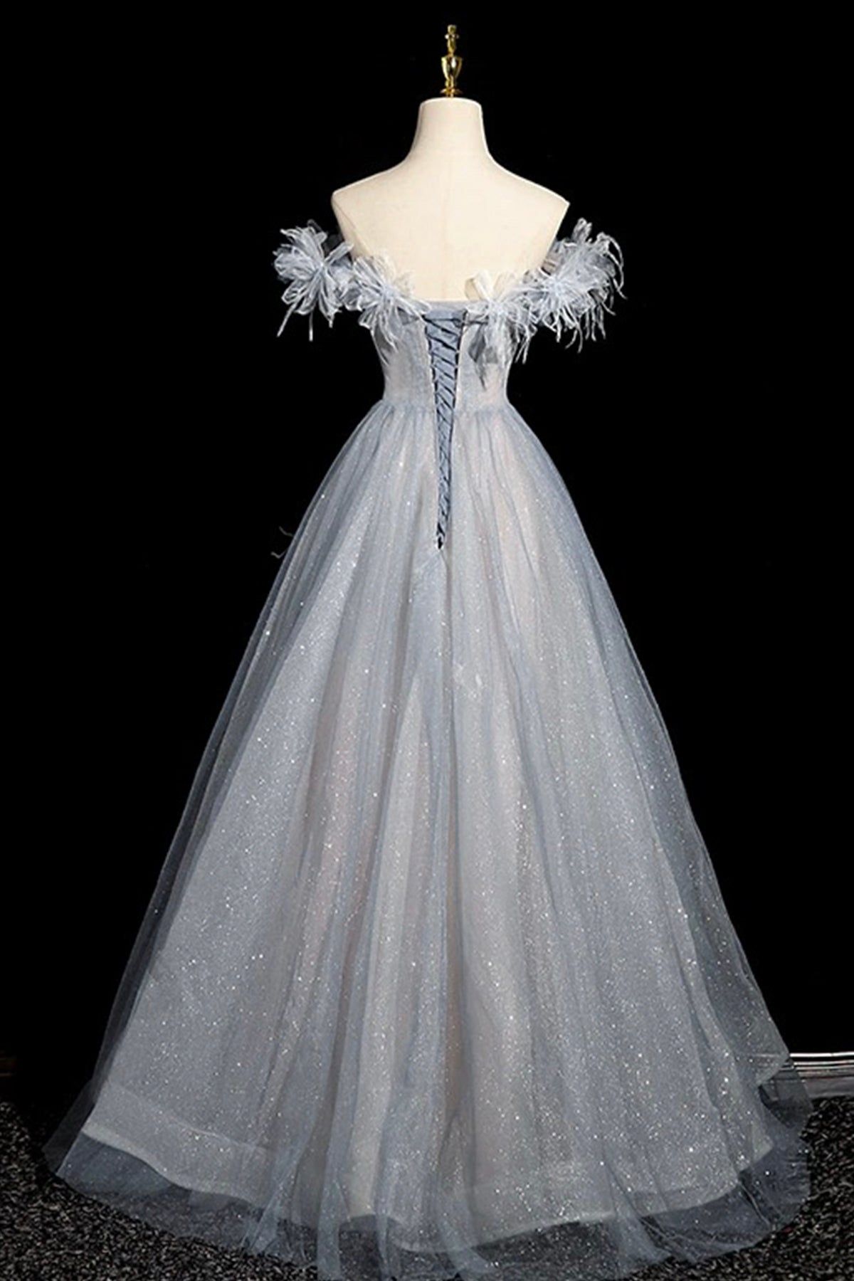 Gray Blue Tulle Beads Long Prom Dress, Off the Shoulder Party Dress