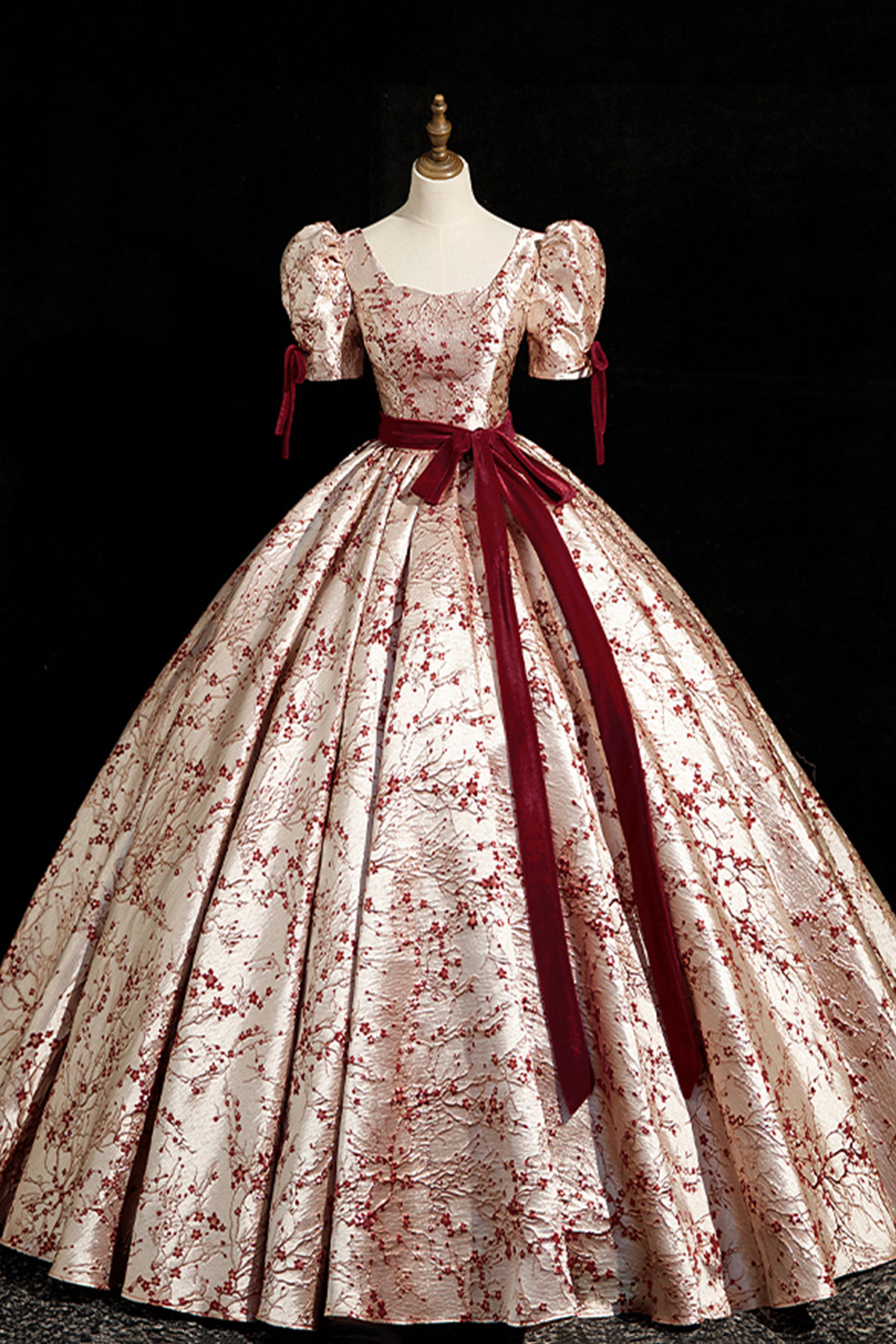 Fashion Floor-Length Printing Prom Dresses, Square Neckline Short Sleeve Backless Bow Sash Prom Formal Dresses