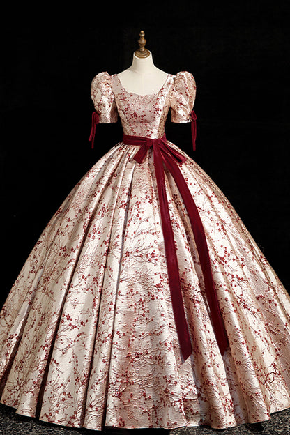 Fashion Floor-Length Printing Prom Dresses, Square Neckline Short Sleeve Backless Bow Sash Prom Formal Dresses