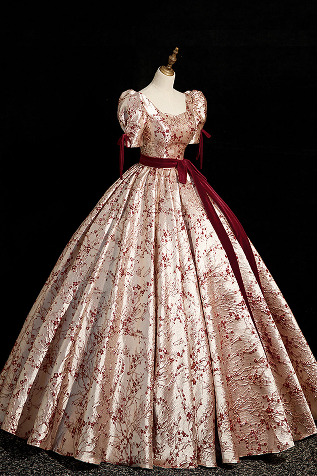 Fashion Floor-Length Printing Prom Dresses, Square Neckline Short Sleeve Backless Bow Sash Prom Formal Dresses