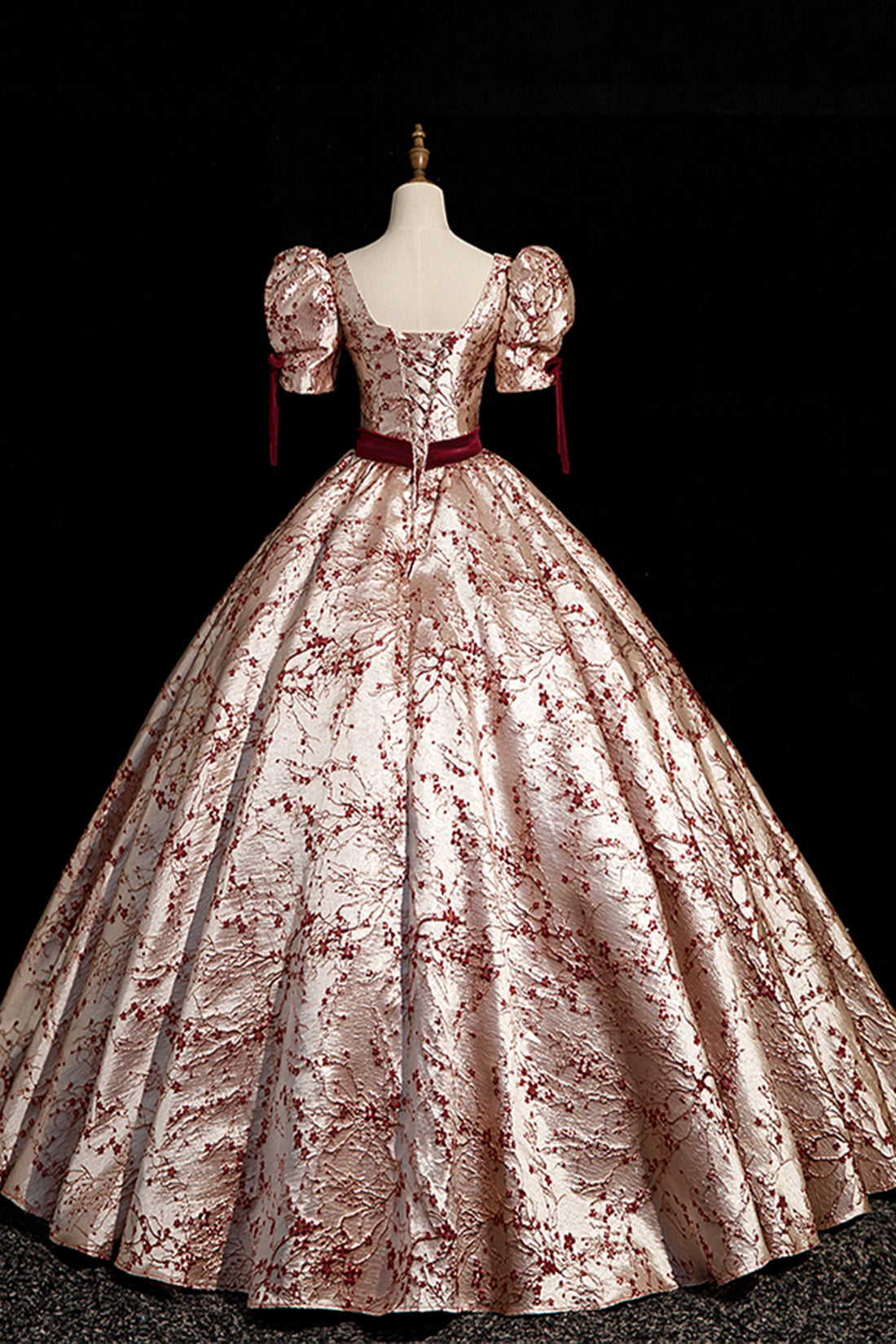 Fashion Floor-Length Printing Prom Dresses, Square Neckline Short Sleeve Backless Bow Sash Prom Formal Dresses