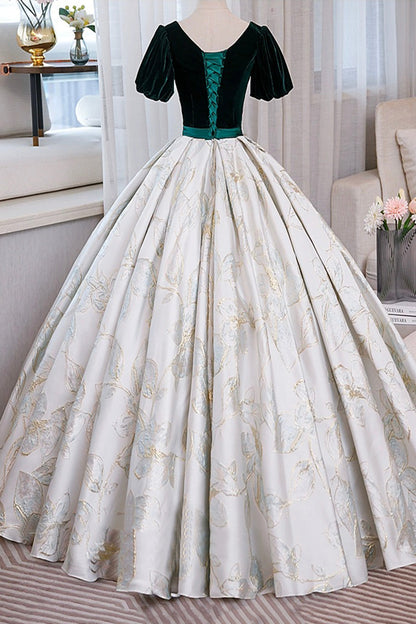 Green Velvet Floor-Length Printing Prom Dresses, A-Line Short Sleeve Evening Formal Dresses