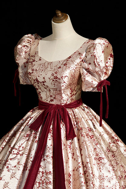 Fashion Floor-Length Printing Prom Dresses, Square Neckline Short Sleeve Backless Bow Sash Prom Formal Dresses