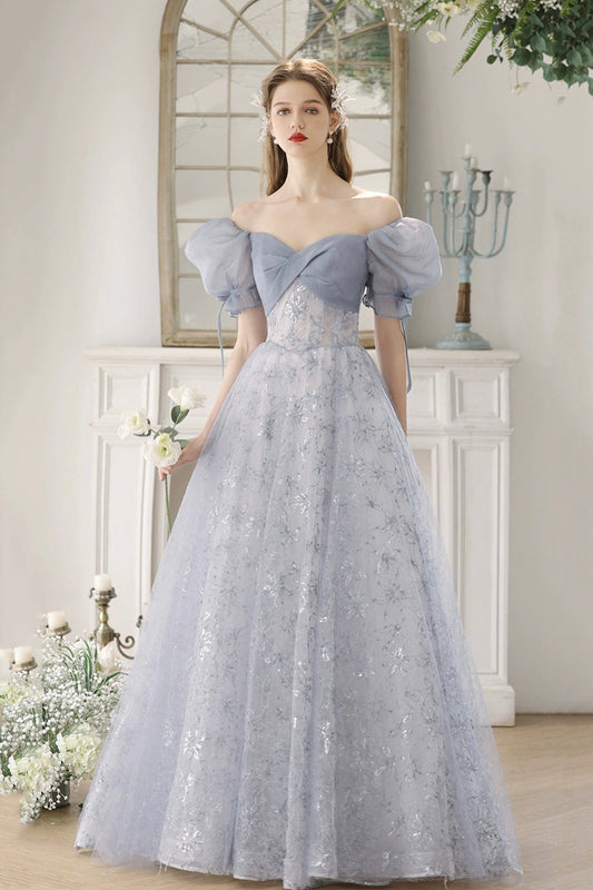 Blue Tulle Lace Floor Length Prom Dress, Beautiful Short Sleeve Evening Party Dress