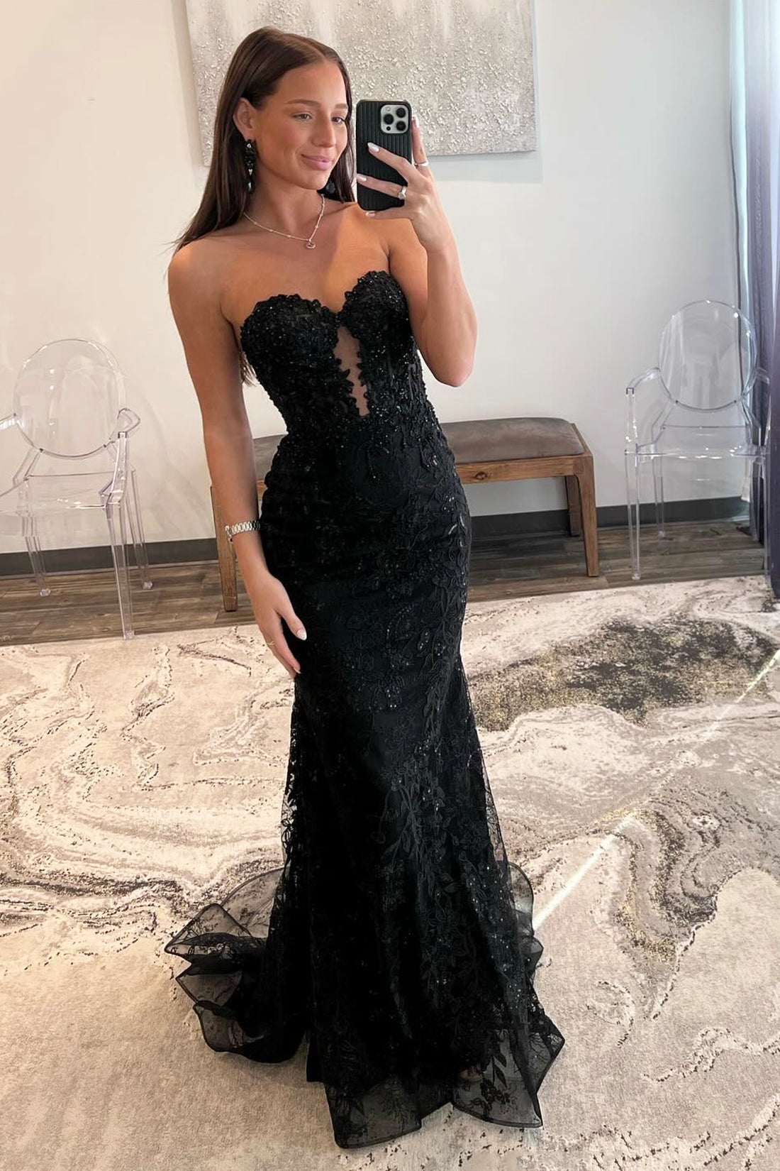 Black Lace Long Mermaid Prom Dress, Black Strapless Evening Party Dress