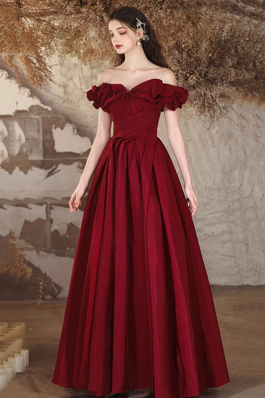 Burgundy Off the Shoulder Long A-Line Formal Prom Dresses