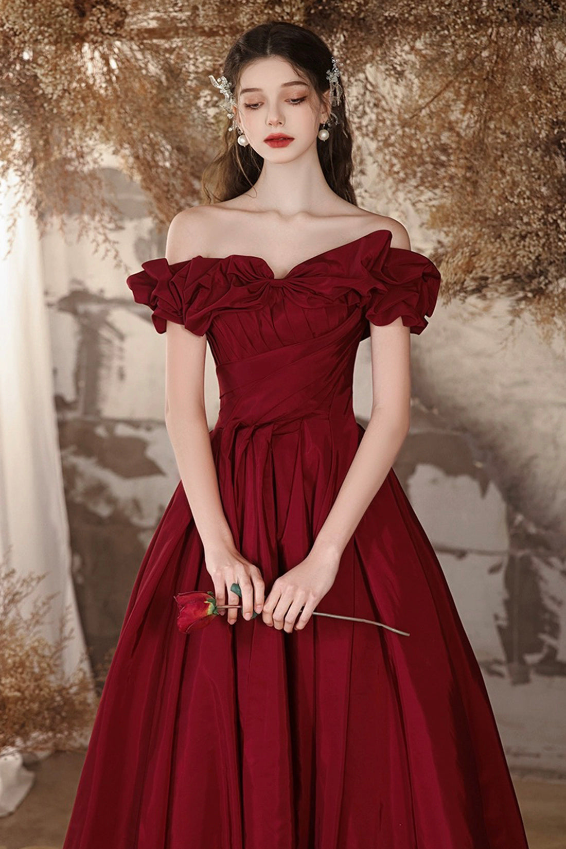 Burgundy Off the Shoulder Long A-Line Formal Prom Dresses