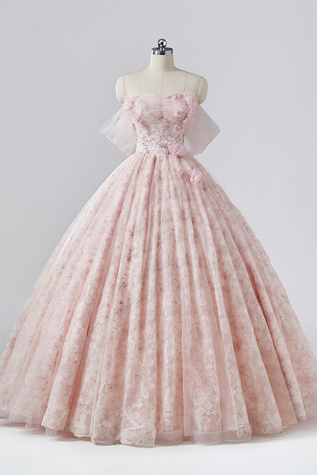 Pink Flower Long Princess Dress, Off the Shoulder Tulle Evening Party Dress