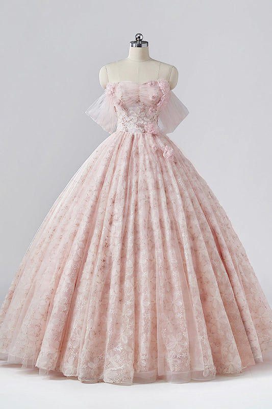 Pink Flower Long Princess Dress, Off the Shoulder Tulle Evening Party Dress
