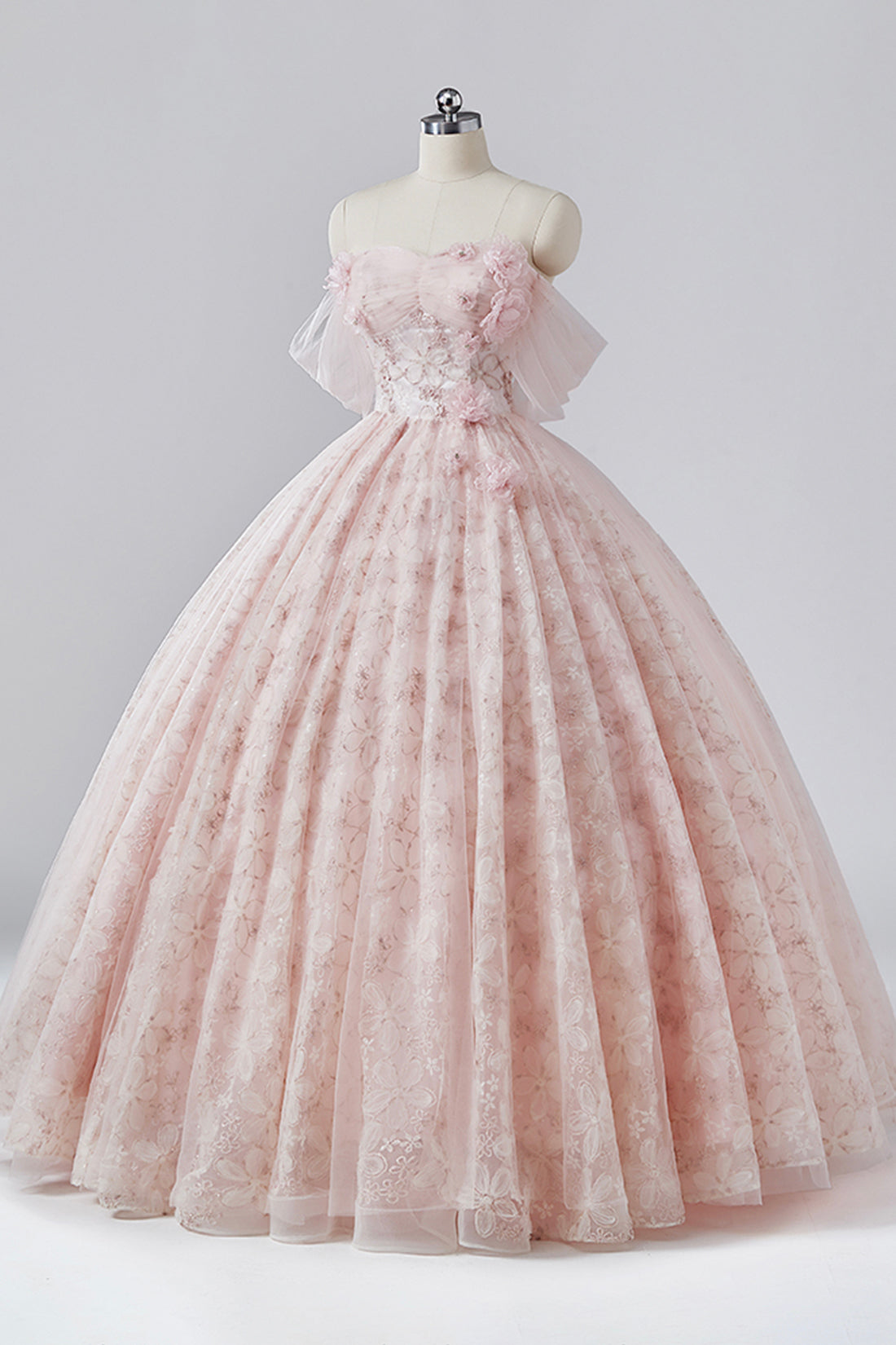 Pink Flower Long Princess Dress, Off the Shoulder Tulle Evening Party Dress