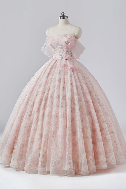 Pink Flower Long Princess Dress, Off the Shoulder Tulle Evening Party Dress