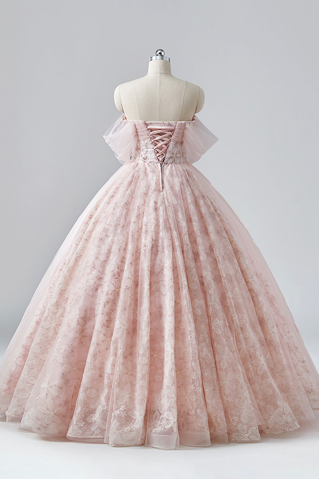 Pink Flower Long Princess Dress, Off the Shoulder Tulle Evening Party Dress