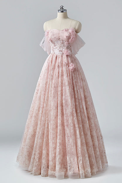 Pink Flower Long Princess Dress, Off the Shoulder Tulle Evening Party Dress