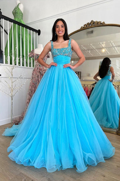 Blue Tulle Beaded Long Floor Length Prom Dress, Beautiful A-Line Evening Party Dress