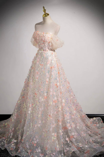 Beautiful Floor Length Sequins and Flowers Party Dress, Off the Shoulder Tulle Formal Dress