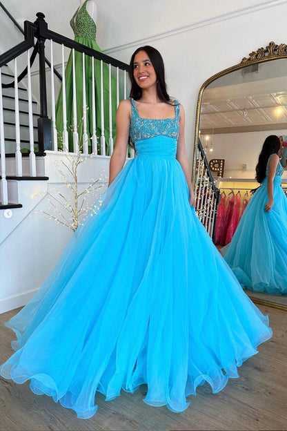 Blue Tulle Beaded Long Floor Length Prom Dress, Beautiful A-Line Evening Party Dress