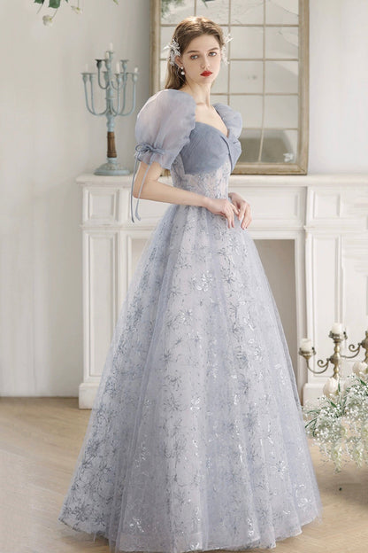 Blue Tulle Lace Floor Length Prom Dress, Beautiful Short Sleeve Evening Party Dress