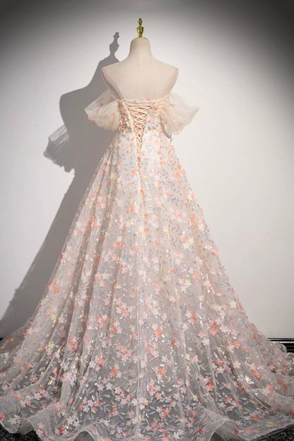 Beautiful Floor Length Sequins and Flowers Party Dress, Off the Shoulder Tulle Formal Dress