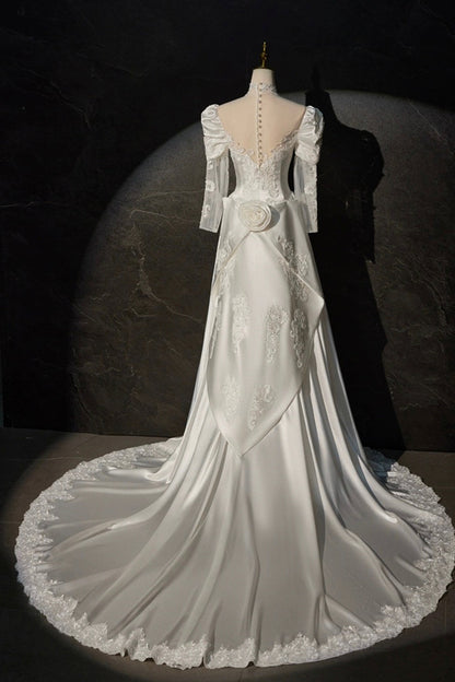 A-Line Satin Lace Long Sleeve Prom Dress, Elegant White High Neck Evening Prom Dress