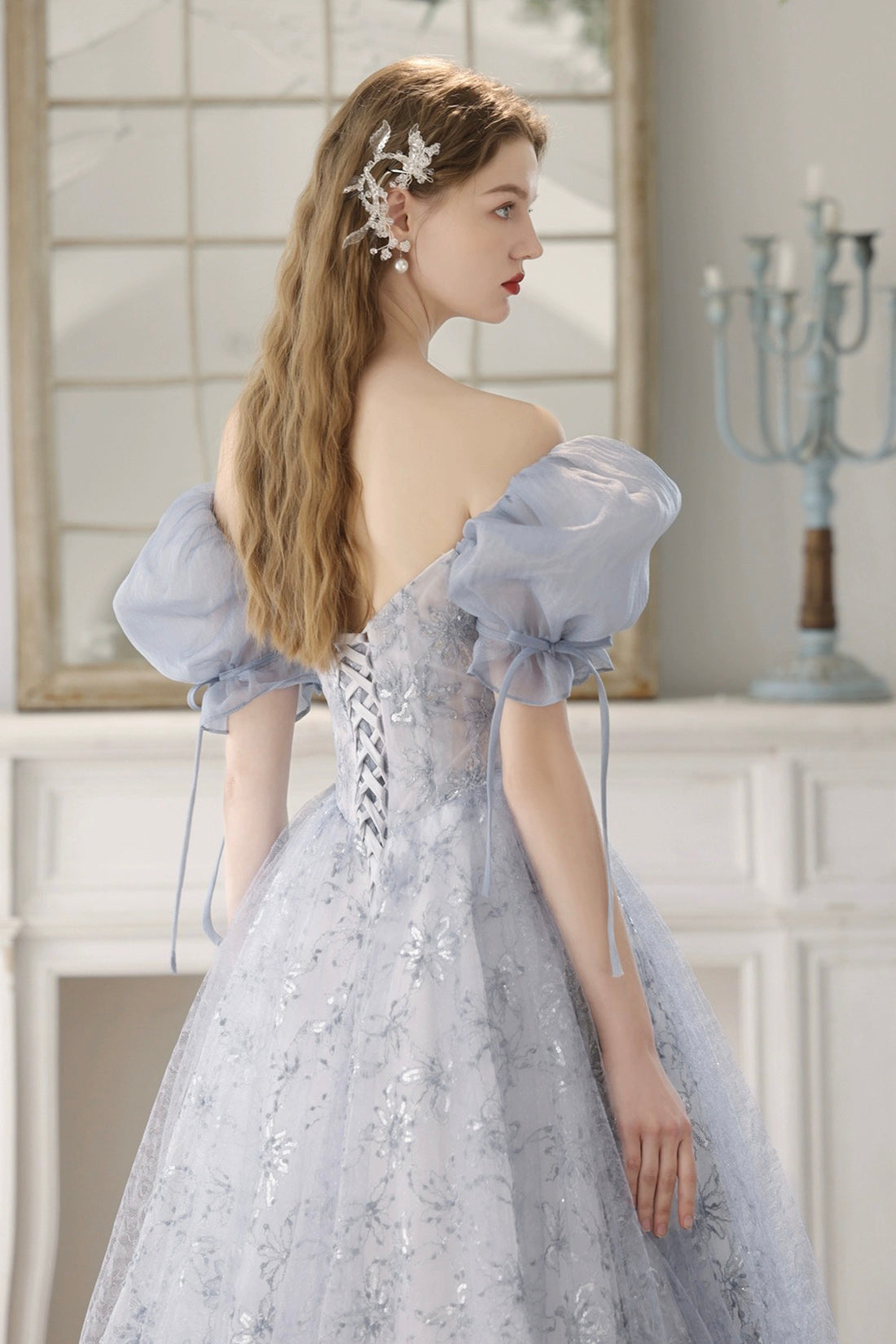 Blue Tulle Lace Floor Length Prom Dress, Beautiful Short Sleeve Evening Party Dress