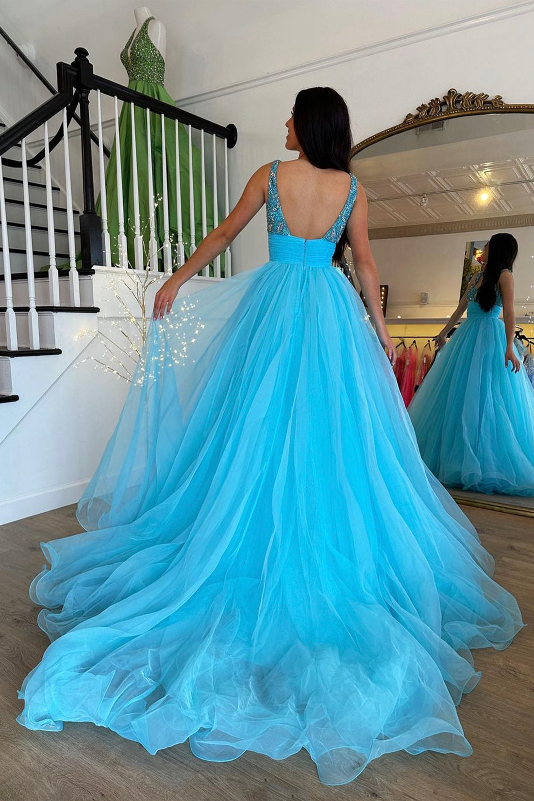 Blue Tulle Beaded Long Floor Length Prom Dress, Beautiful A-Line Evening Party Dress