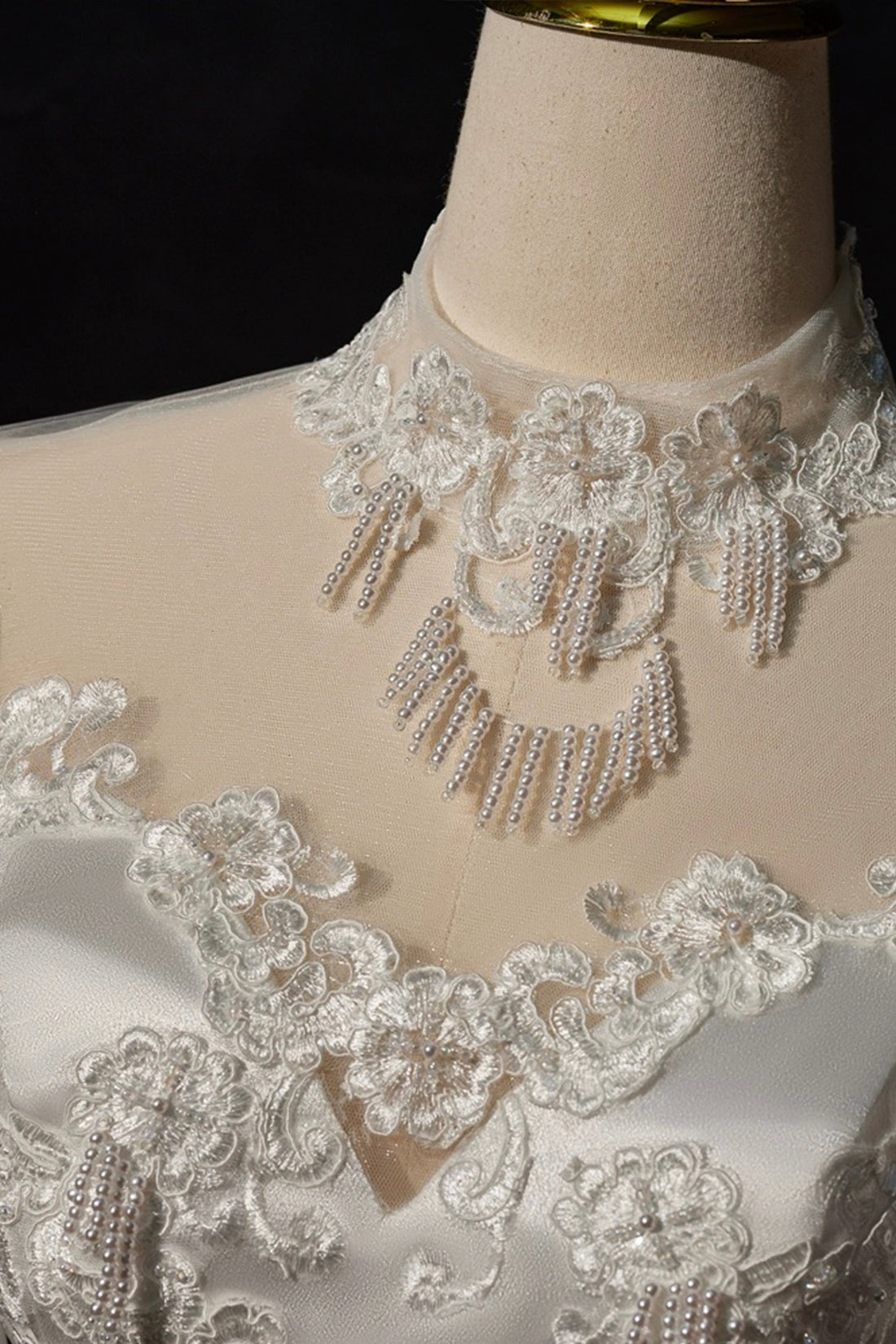 A-Line Satin Lace Long Sleeve Prom Dress, Elegant White High Neck Evening Prom Dress