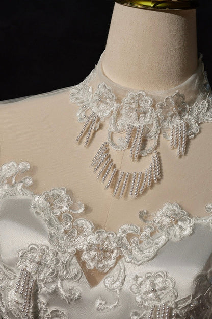 A-Line Satin Lace Long Sleeve Prom Dress, Elegant White High Neck Evening Prom Dress