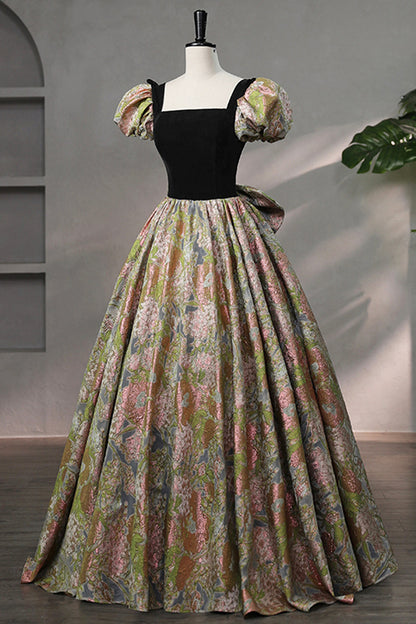 Elegant Black Puffy Short Sleeve Floor Length Prom Dress, A-Line Floral Pattern Evening Dress