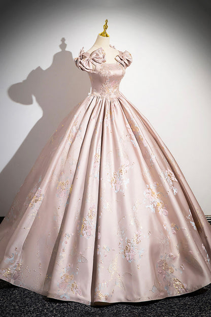 Pink Satin Lace Long Prom Dress, A-Line Scoop Neckline Formal Evening Dress