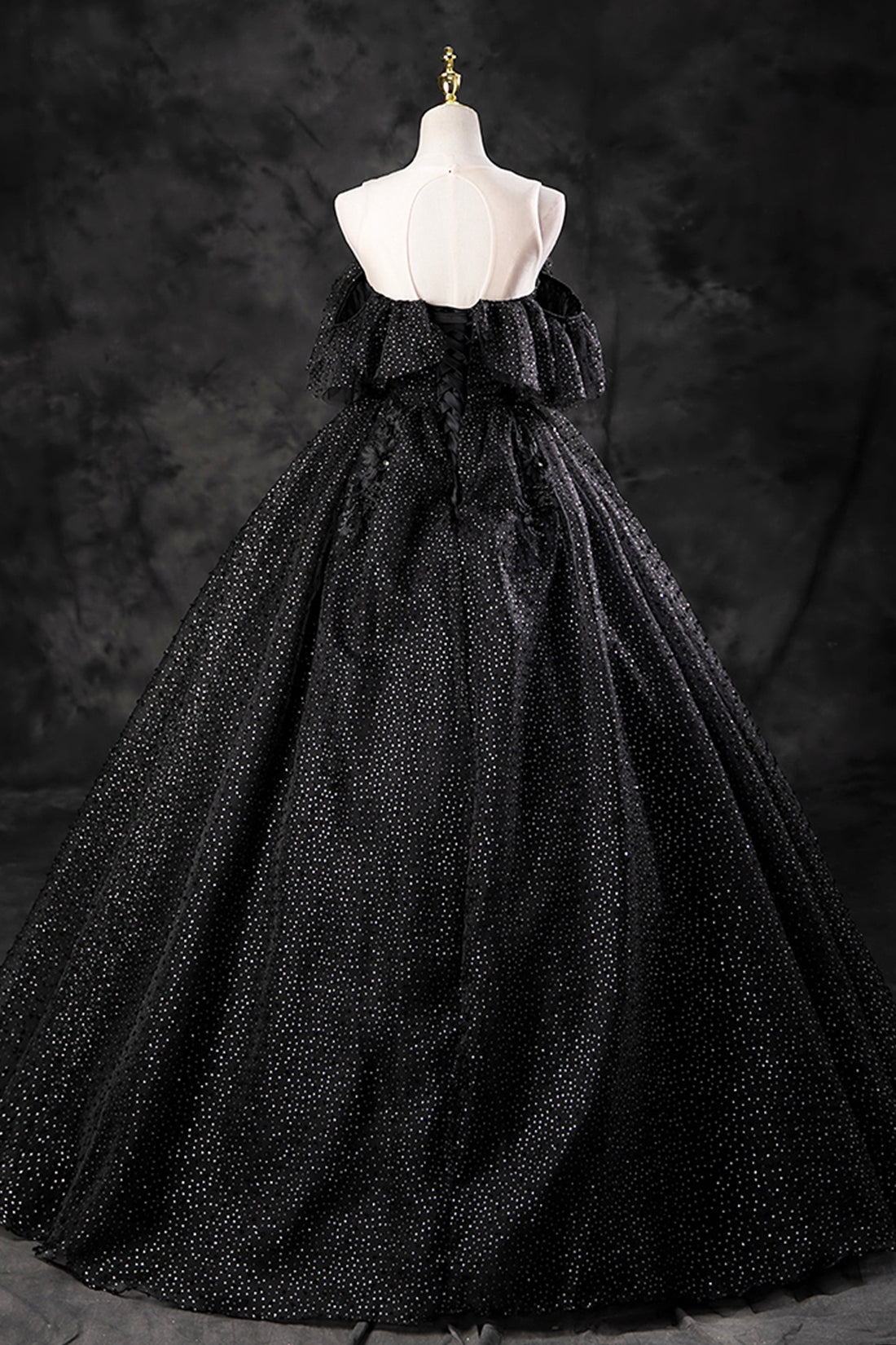 Black Tulle Lace Long Prom Dress, Black A-Line Off the Shoulder Evening Party Dress