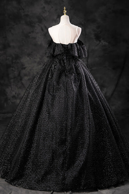 Black Tulle Lace Long Prom Dress, Black A-Line Off the Shoulder Evening Party Dress