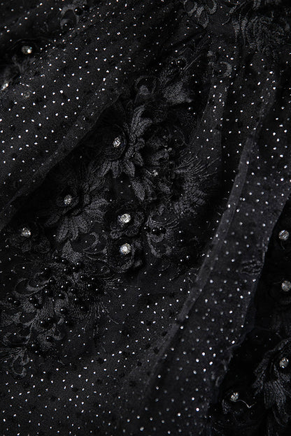 Black Tulle Lace Long Prom Dress, Black A-Line Off the Shoulder Evening Party Dress