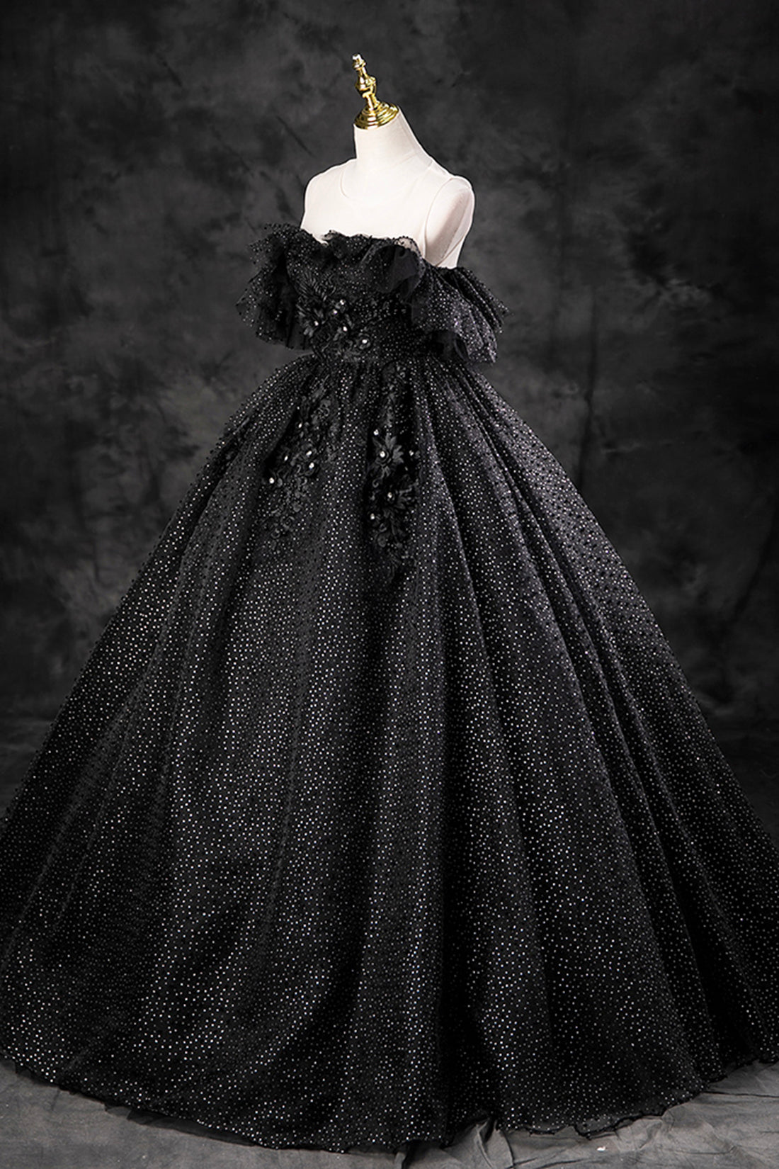 Black Tulle Lace Long Prom Dress, Black A-Line Off the Shoulder Evening Party Dress
