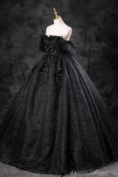 Black Tulle Lace Long Prom Dress, Black A-Line Off the Shoulder Evening Party Dress