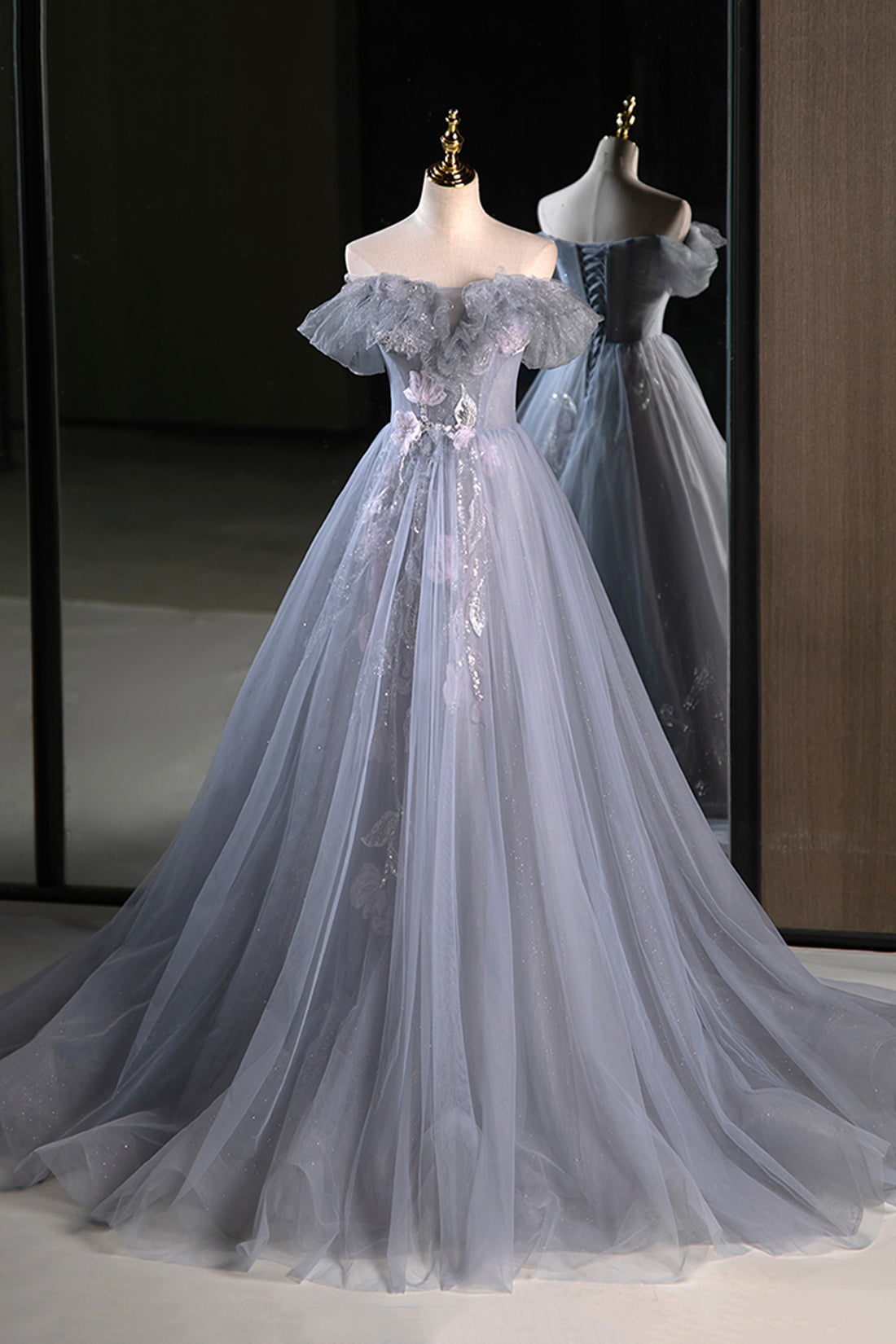 Gray Tulle Floor Length Prom Dress, Beautiful A-Line Off the Shoulder Evening Party Dress