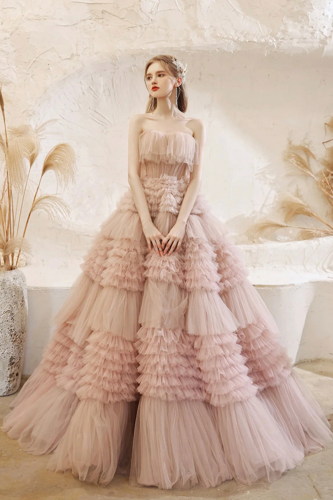 Pale Pink Tulle Layers Long Prom Dresses, Beautiful Strapless Evening Dresses