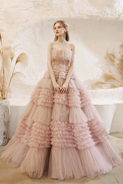 Pale Pink Tulle Layers Long Prom Dresses, Beautiful Strapless Evening Dresses