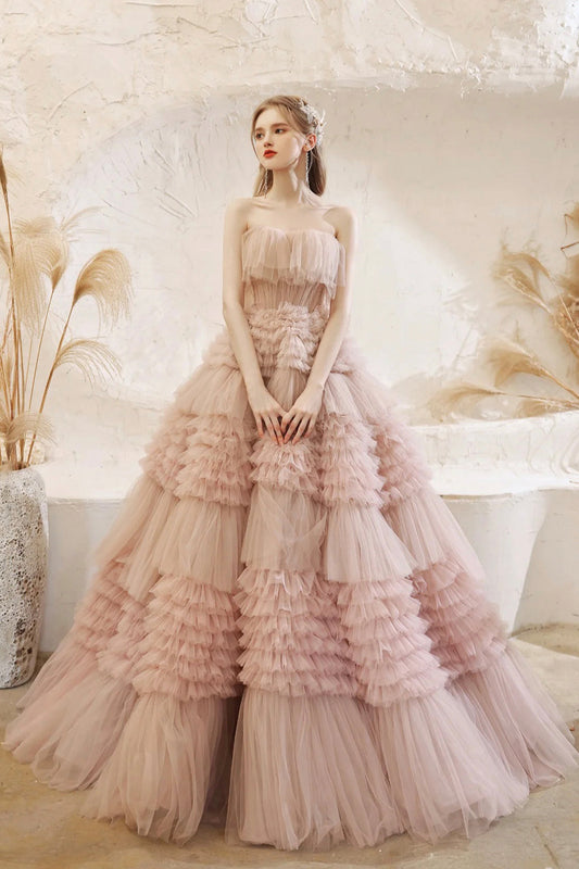 Pale Pink Tulle Layers Long Prom Dresses, Beautiful Strapless Evening Dresses