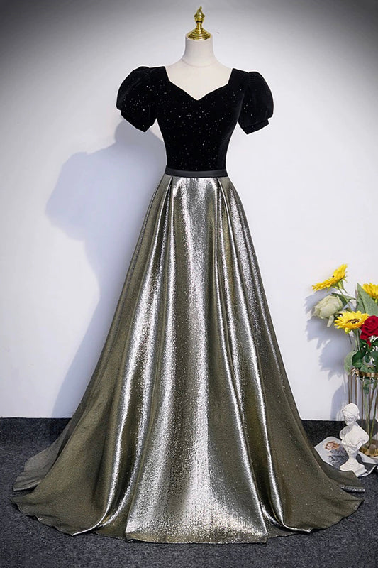 Black Velvet and Shiny Satin Long Prom Dress, Beautiful A-Line Evening Party Dress