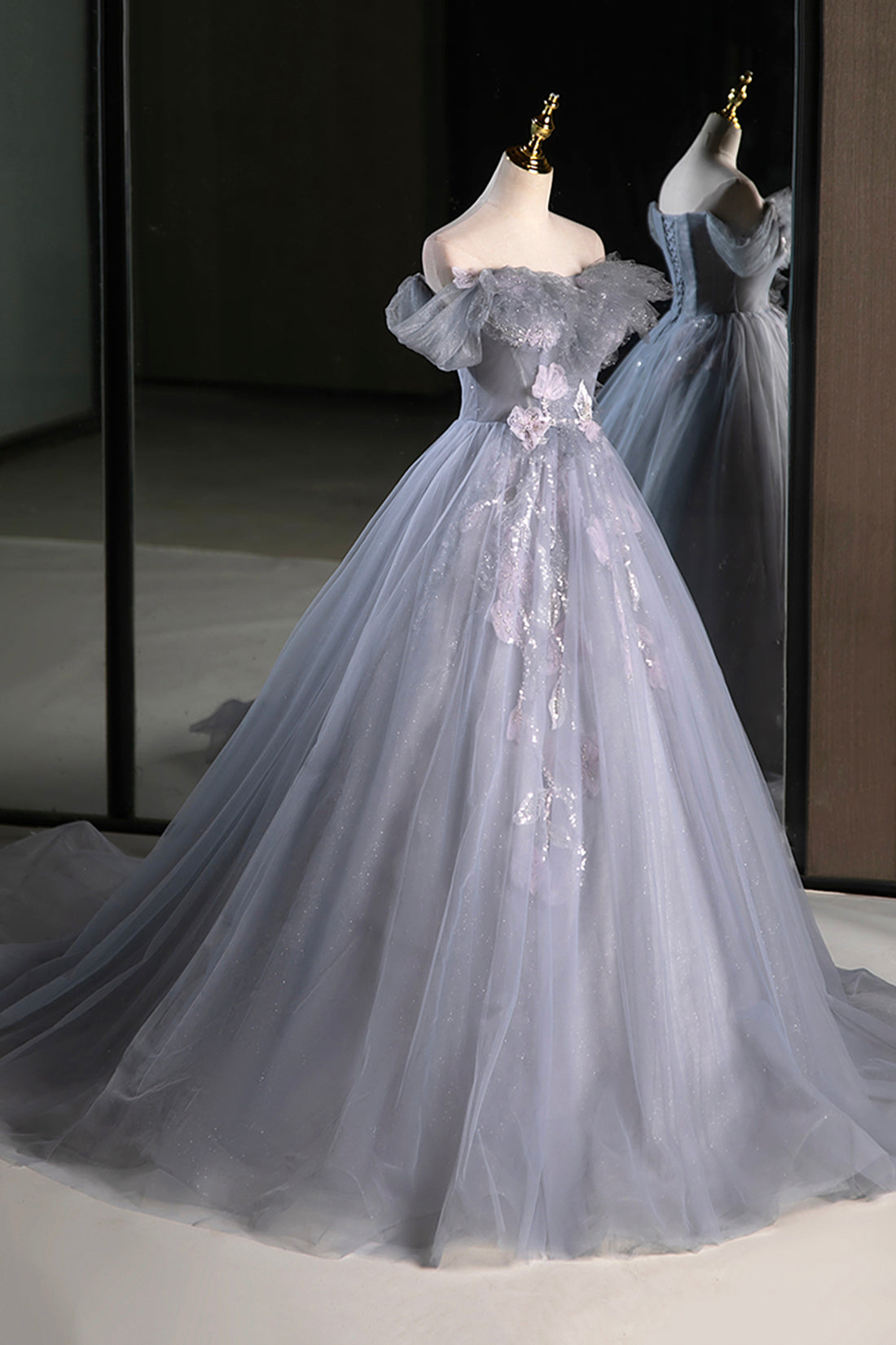 Gray Tulle Floor Length Prom Dress, Beautiful A-Line Off the Shoulder Evening Party Dress