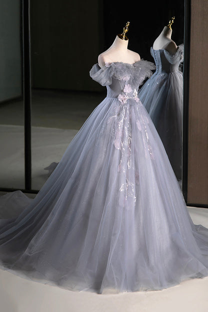 Gray Tulle Floor Length Prom Dress, Beautiful A-Line Off the Shoulder Evening Party Dress