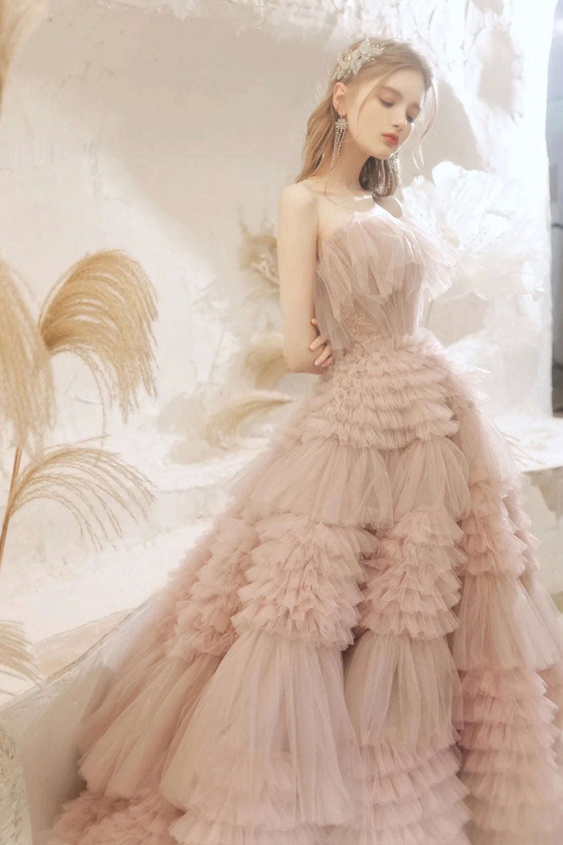 Pale Pink Tulle Layers Long Prom Dresses, Beautiful Strapless Evening Dresses