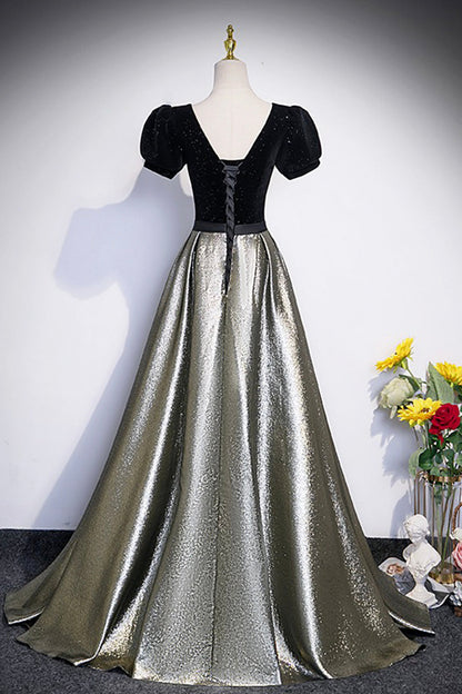 Black Velvet and Shiny Satin Long Prom Dress, Beautiful A-Line Evening Party Dress