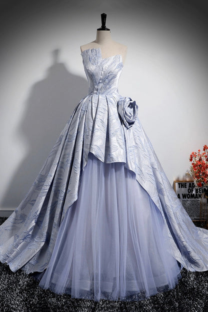 Blue Floor Length Tulle Prom Dress, Off the Shoulder A-Line Evening Party Dress