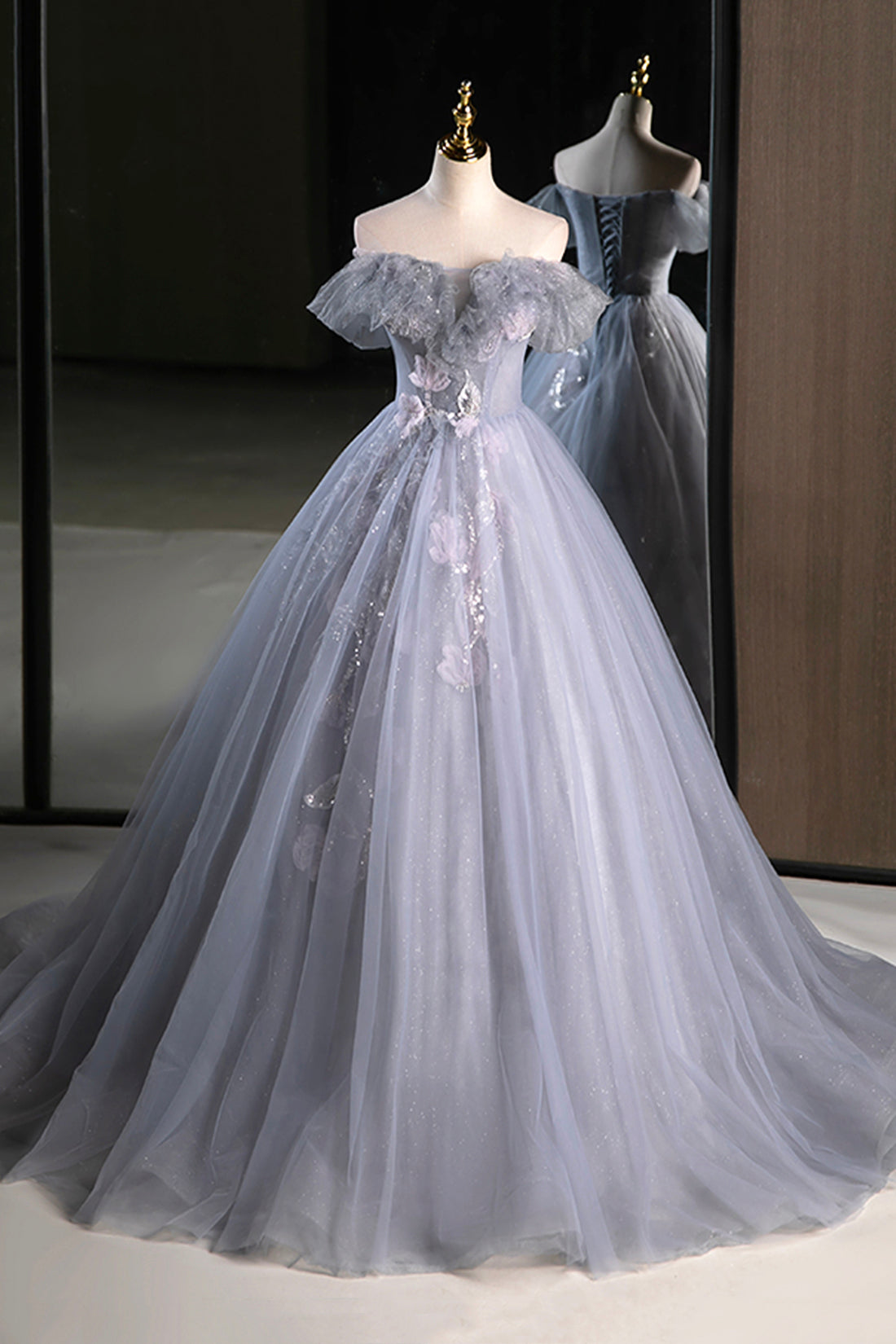 Gray Tulle Floor Length Prom Dress, Beautiful A-Line Off the Shoulder Evening Party Dress