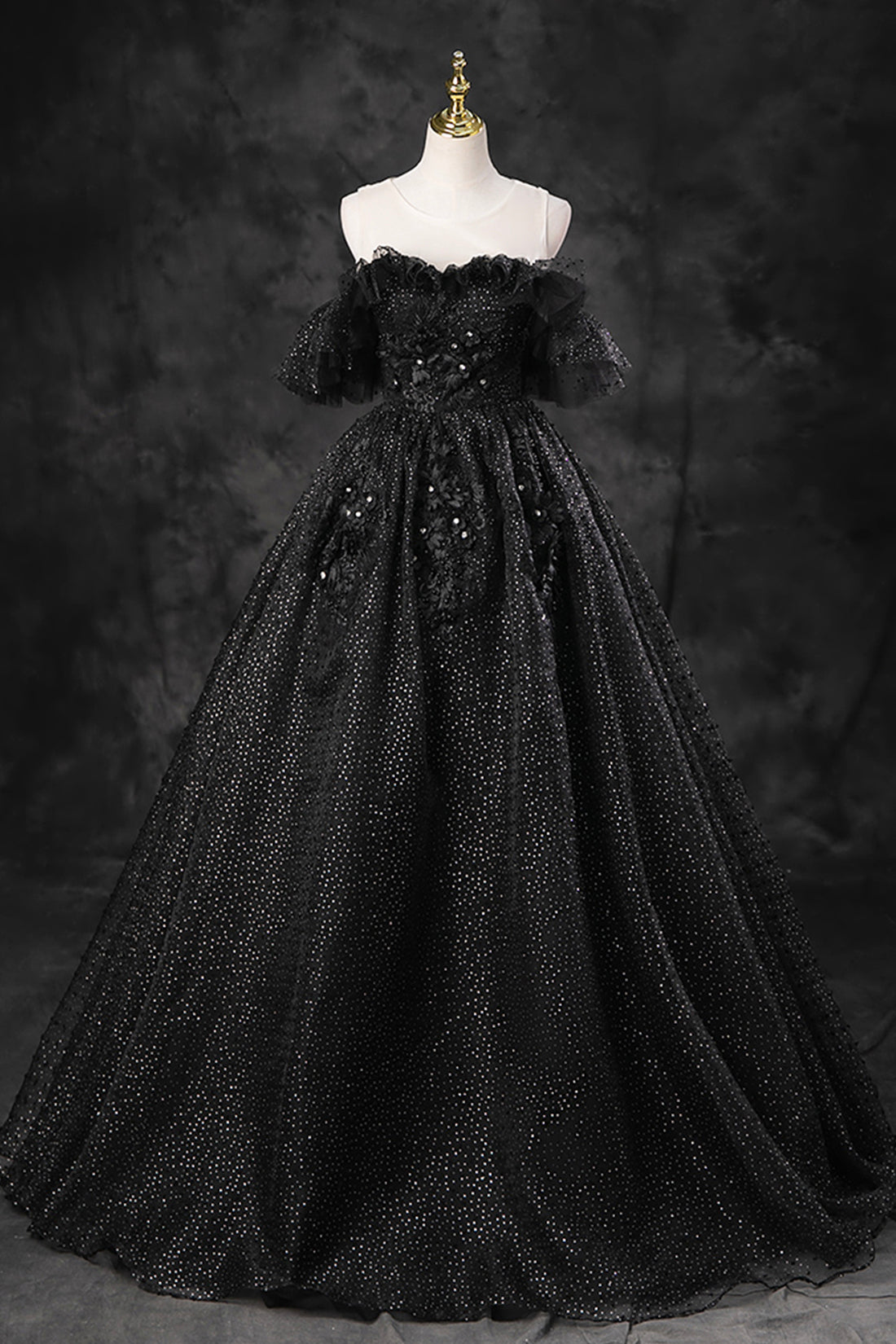 Black Tulle Lace Long Prom Dress, Black A-Line Off the Shoulder Evening Party Dress